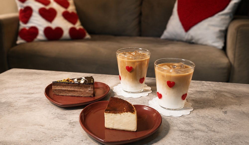 ケーキ:バレンタイン装飾のチョコレートケーキとチーズケーキ